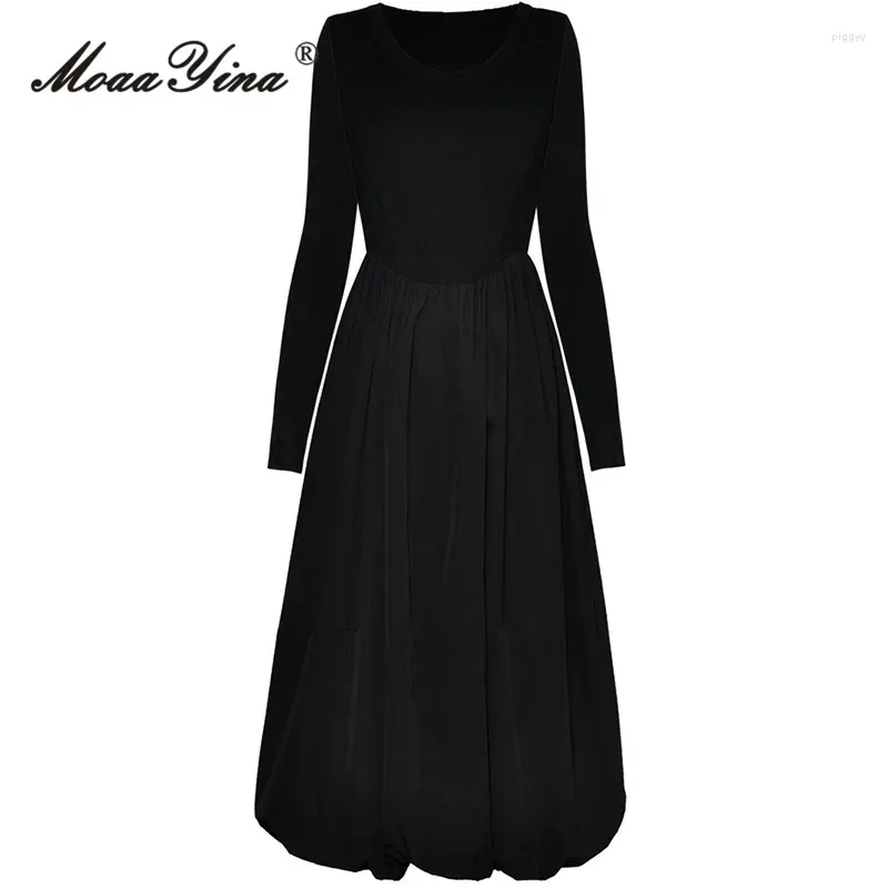 Abiti casual Moaayina Autunno Designer Black Elegant Party Dress Women O Neck Long Sleeve High Elastic Knitting A-Line