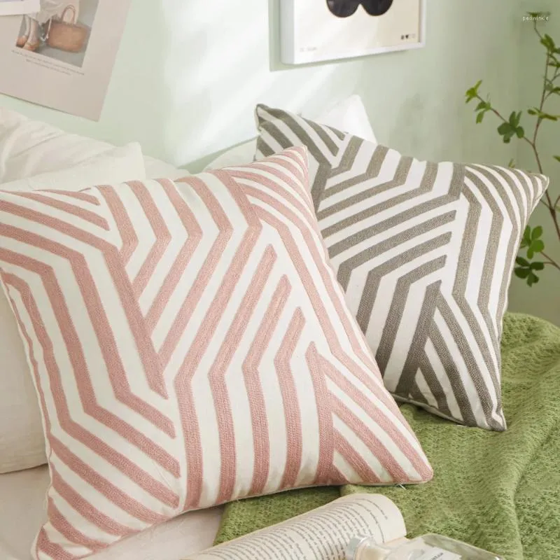 Подушка геометрическая вышивка крышки 45x45 см. Линия синий серо -розовый простые дома для дома квадратная гостиная диван диван