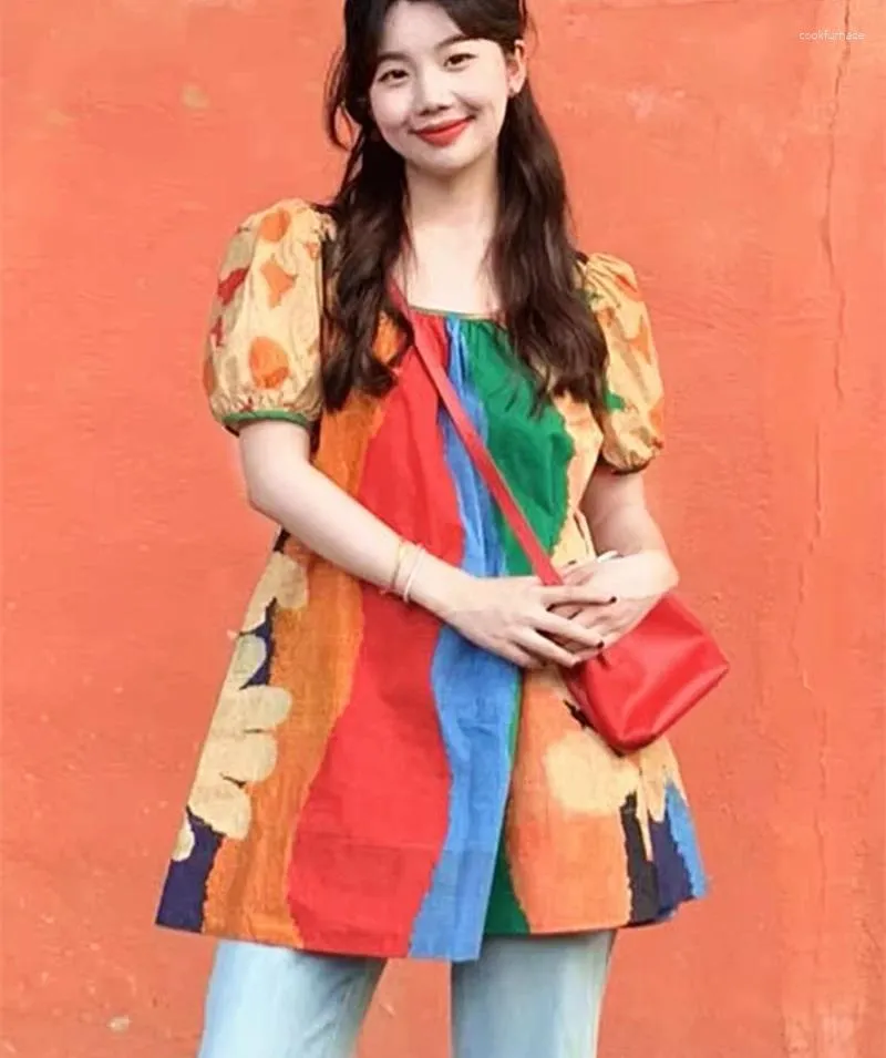 Party Dresses Korean Brand Boho Color Contrast Daisy Dress College E-girls Puff Sleeve U Neck A-line Casual Loose Oversized One-piece