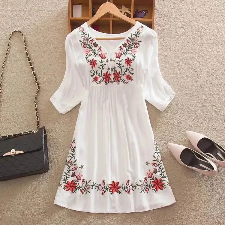 Summer Women Mexican Embroidered Floral Peasant Blouse Vintage Ethnic Tunic Boho Hippie Clothes Tops Blusa Feminina 240412