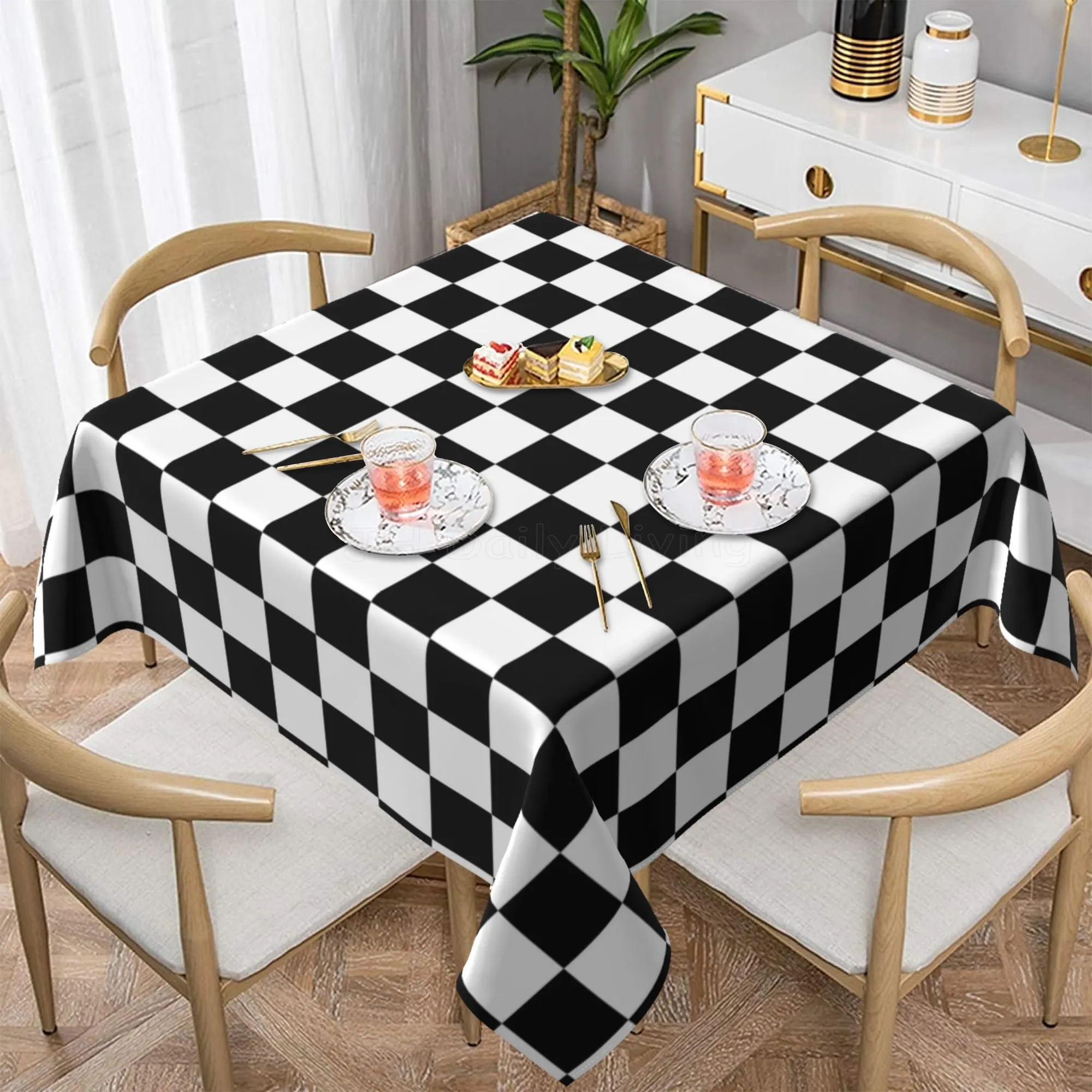 Racing Flags Black and White Grid Square Tablecloth Home Kitchen Decor Waterproof Table Cover for Outdoor Party Picnic Camping