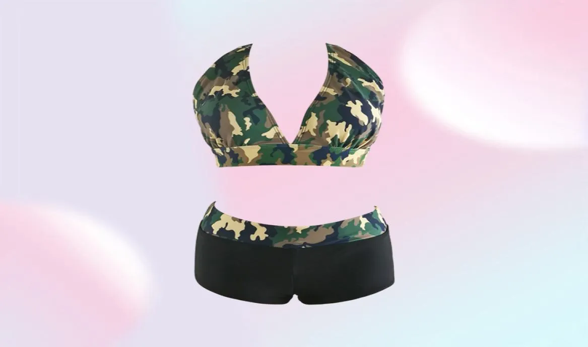 2017 NY SEXY HALTER BIKINI SET Badkläder Kvinnor Push Up Swimsuit Camouflage Print Beach Bathing Suits QP02089353304