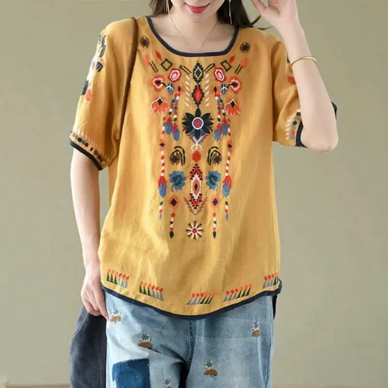 T-shirts en lin en coton Femmes de style ethnique Tshirt décontracté vintage oneck