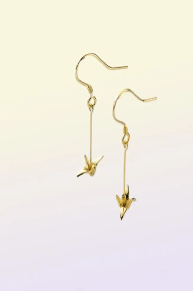 Moidan Fashion 925 Sterling Silver Cute Paper Crane Long Chain Drop Earrings for Women Girl Gold Color Earrings Fine Jewelry 210613244962