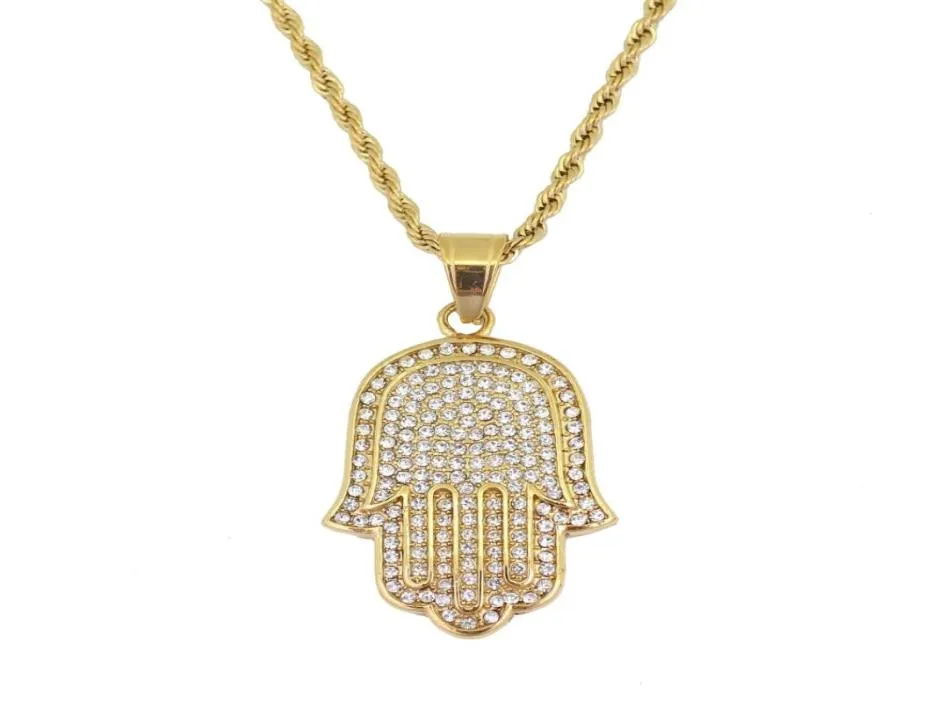 Hip Hop Hamsa Diamonds Pendants Colliers pour hommes Femmes Hands Of Fatima Amulet Collier de luxe ethnique