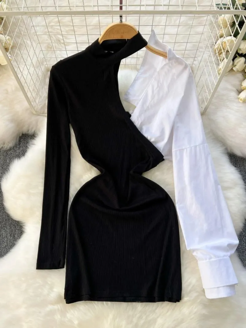 Casual Dresses Foamlina Spring Summer Women's Dress White And Black Shirt Patchwork Long Sleeve Halter Neck Slim Mini Bodycon Streetwear