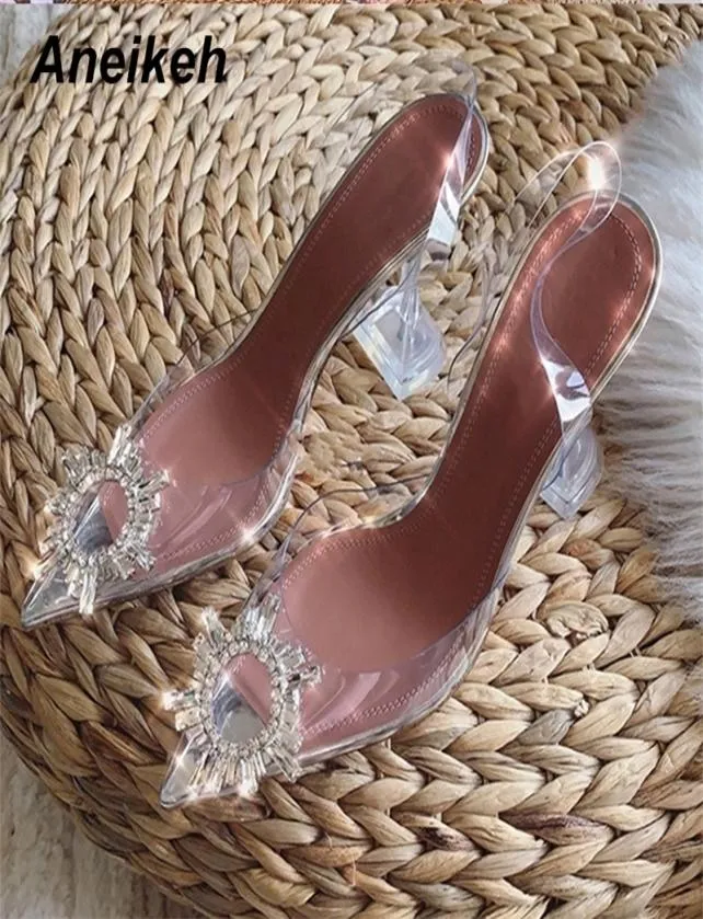 Aneikeh Big Size 41 42 43 44 45 Fashion Clear PVC Sandals Women Shoes Rhinestone High Heels Summer Back Rem Sandaler 2103198440112