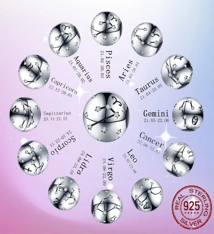 925 Silver Charm Bead Fit Ra Charms Bracelet 12 Constellation Zodiac Round Charmes Ciondoli DIY Fine Bels Jewelry2286385