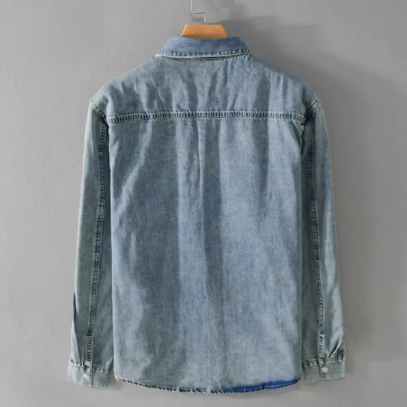 Retro Denim Shirt for Men Vêtements jeans en détresse lavés Cargo à manches longues Planches occasionnelles Pockets Tops Loose
