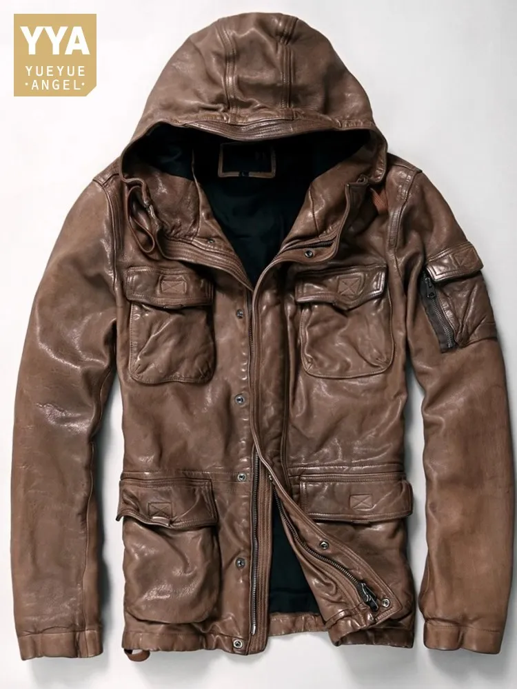 新到着 Men's Vintage Genuine Leather Hooded Cargo leather ジャケット・アウター
