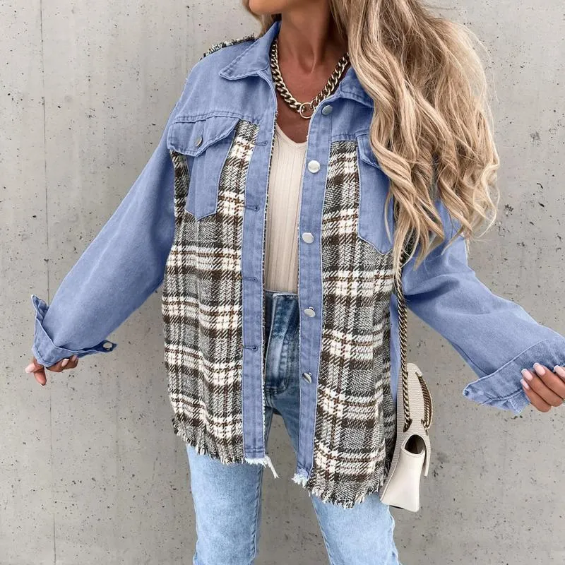 Kvinnorjackor Fashion Loose Plaid Splicing Jacket Denim Coat for Woman Fall Korean Style Single Breasted Slim Outwear 2024 kläder