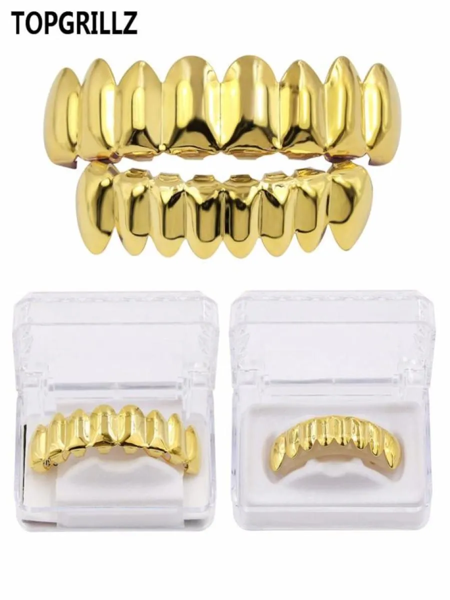 TOPGRILLZ Hip Hop Grills Set Gold Finish Eight 8 Top Teeth 8 Bottom Tooth Plain Clown Halloween Party Jewelry6873853