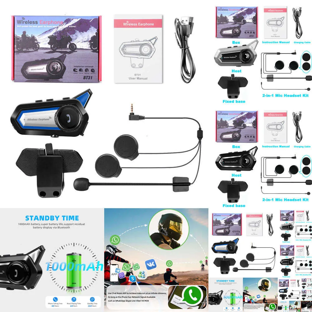 New 2024 Car Electronics BT31 Motocicleta Capacete de Motocicleta Intervina Bluetooth Intervina à prova d'água com fone de ouvido sem fio com microfonesfrações de chamadas livres