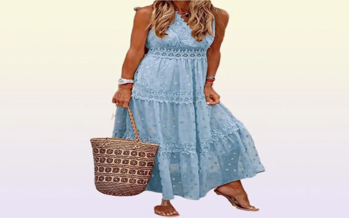 Casual jurken dames mode sexy maxi jurk zomer strand vakantie polka dots boho haakten vat v nek dames mouwloze slip2199369