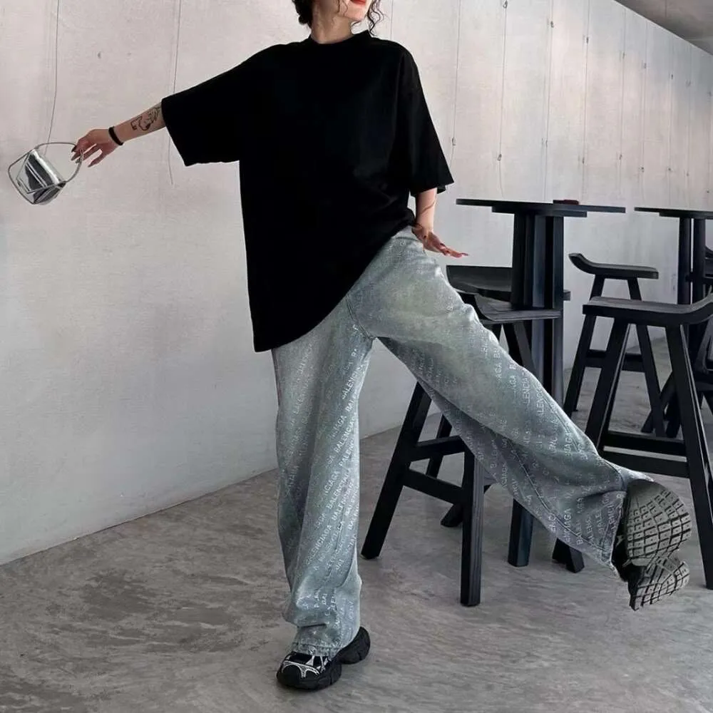 Temel Sıradan Elbiseler İlkbahar/Yaz Paris Marka Tam Baskı Elmas Tasarım Saf Pamuk Gevşek Çok yönlü geniş bacak kot pantolon