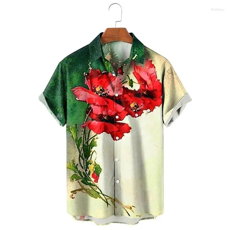 Mäns avslappnade skjortor sommar 3d tryck blommor män hawaiian y2k topp andas mode strandsemester kortärmad bluskläder