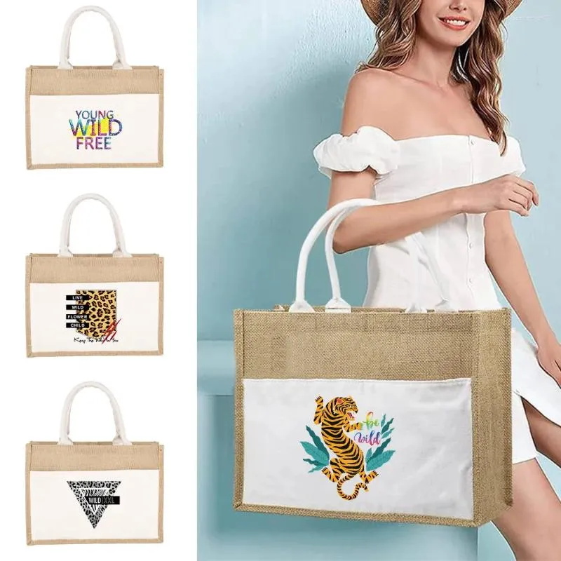 Sacolas de compras bolsa de juta bolsa de linho sacos de ombro imitação feminino toute série de estampas de leopardo laminado