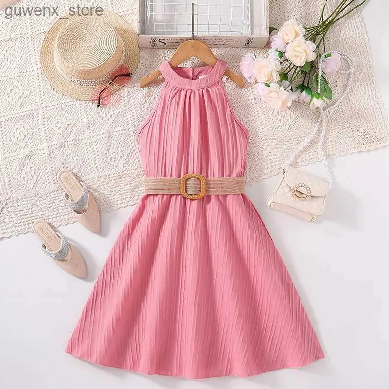 Moda de vestidos de menina para 4-12ys roupas de roupa rosa de saia sem mangas para garotas fofas festa de férias de verão ou vestido diário de estilo coreano Y240412