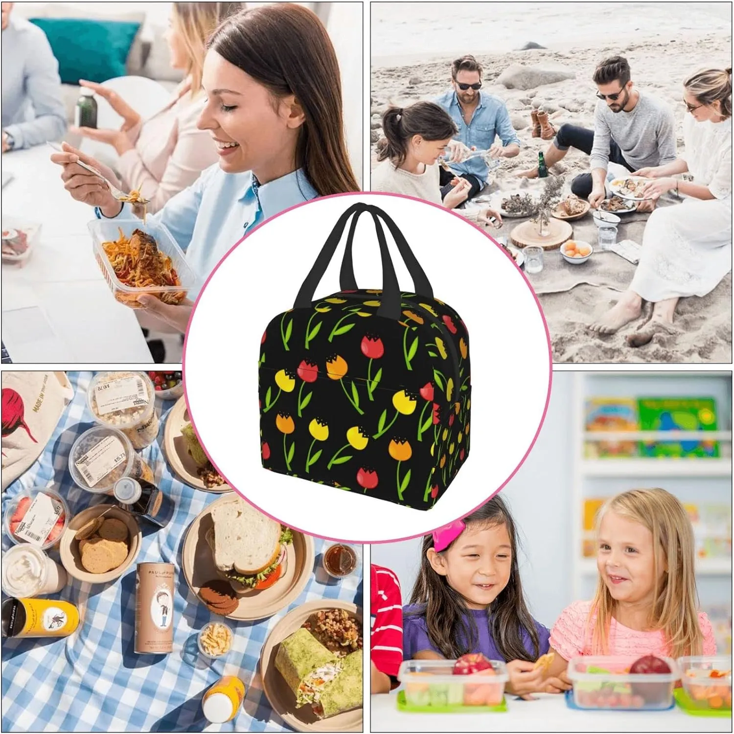 Bolsa de almuerzo de flores de tulipán amarilla Trabajo de viaje Bento Cooler Reutilizable Cajas de picnic Bolsas de contenedores aislados para adultos Niñas