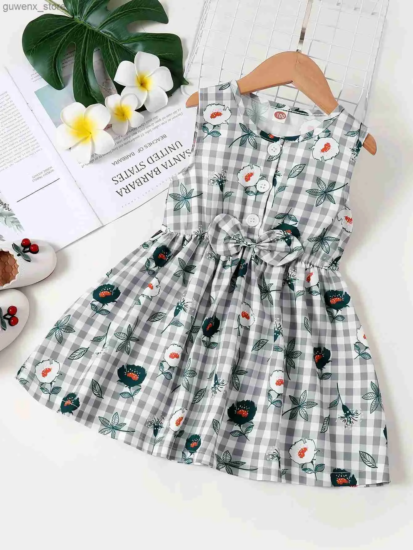 Flickans klänningar Kids Girl Princess Dress Flower Print Checkered Style Lovely Bow Sleeveless kjolar Casual Daily Wear For Children Girl 1-6 år Y240412