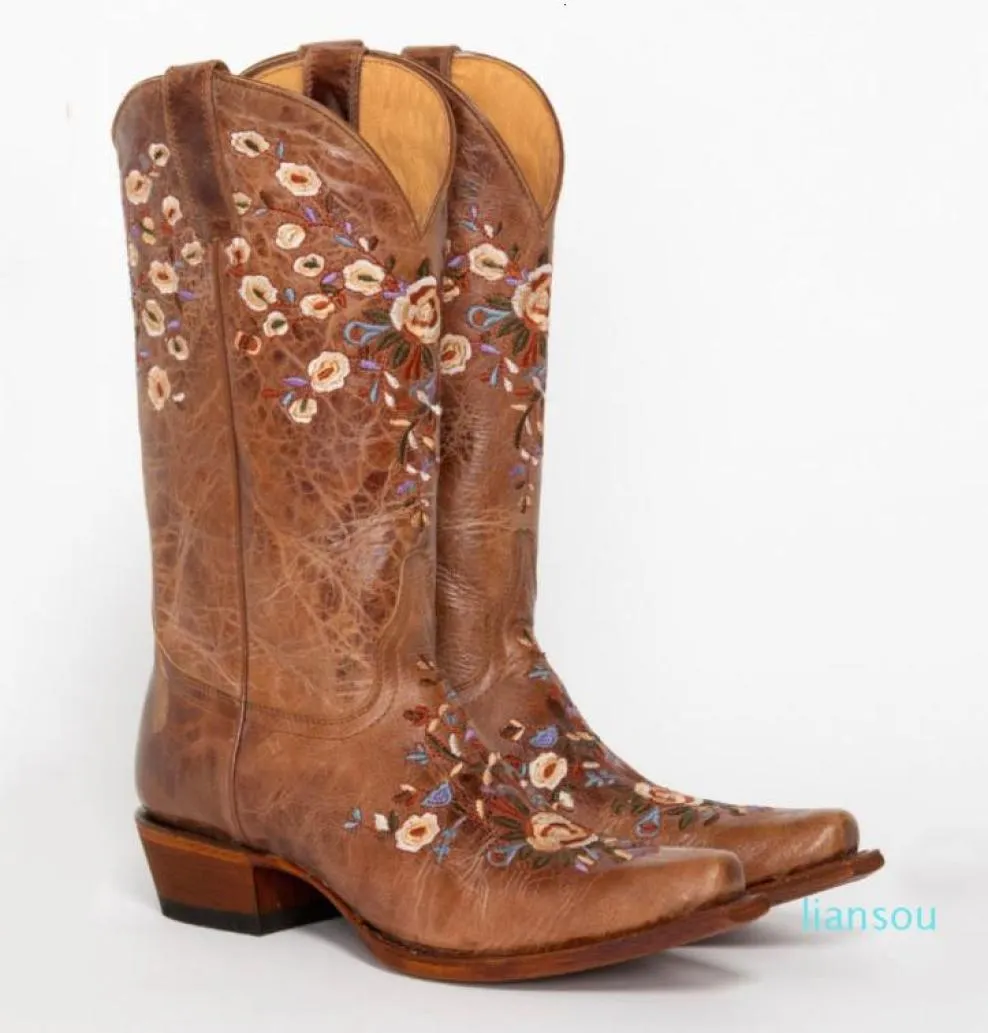 Mode florale gestickte Cowgirl Knie hohe Leder -Vintage -Reitschuhe Stiefel Frauen1050550