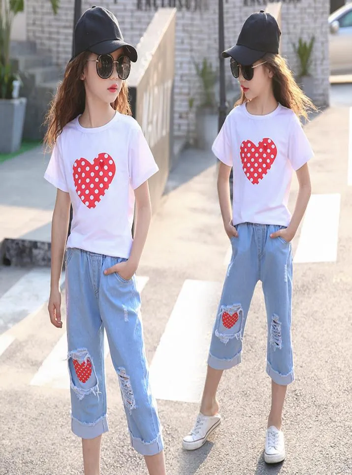 Abiti da ragazza set vestiti estivi per ragazza a maniche corte heart + jeans strappato cortometraggi dimensioni 6 8 10 12 anni4203188