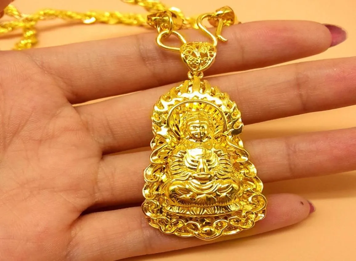 Buddhist Guanyin Pendant Necklace Rope Chain 18k Yellow Gold Filled Ornament Buddha Amulet Vintage Jewelry for Women Men2240313