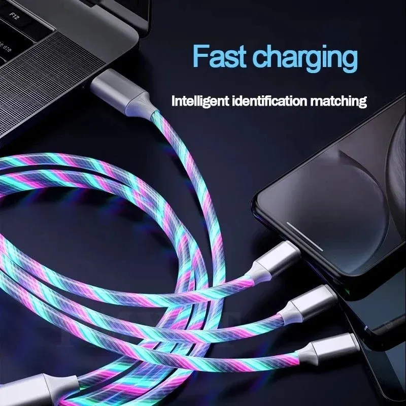 2024 Glowing Cable LED light Micro USB Type C Cable 3A Fast Charging For Samsung iPhone Xiaomi Phone Flowing Streamer USB C Data Cord for