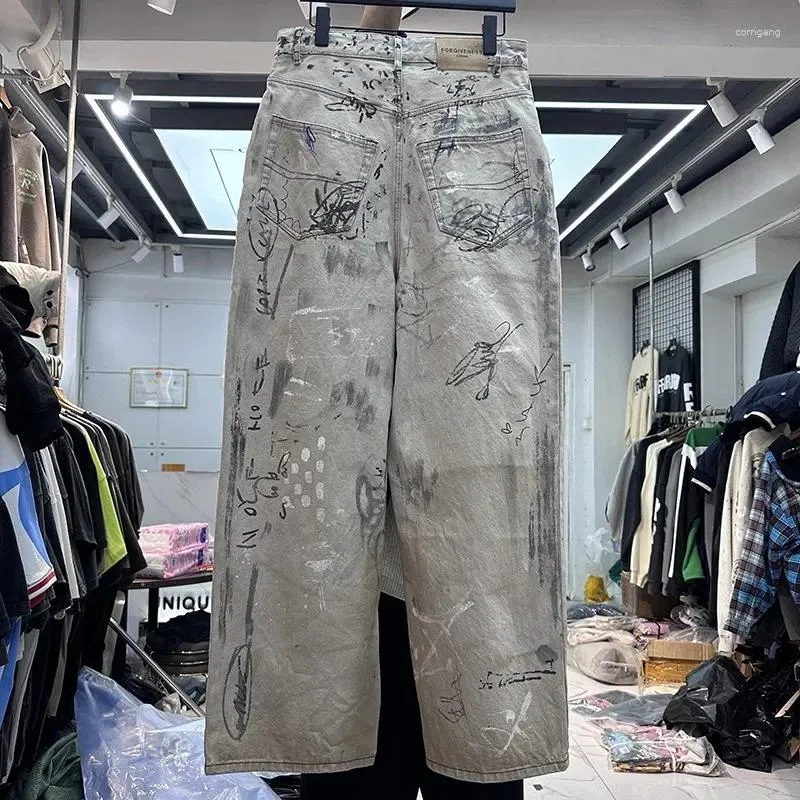 Men's Jeans Tall And Stylish Graffiti Printed For Men Women European American Style Extended Wide Leg Mop Pants Y2k