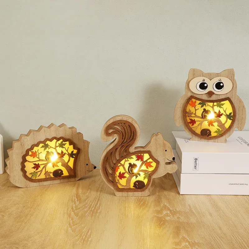 LED Night Light Creative Wood Owl Squirrel Ornament Crafts Harvest Festival Party Decor Wood Carving Glowing Home Ornament