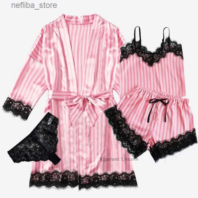 Pajamas sexy rose rayure robe et pyjamas ensembles femmes en satin en dentelle en satin-vêtements d'été