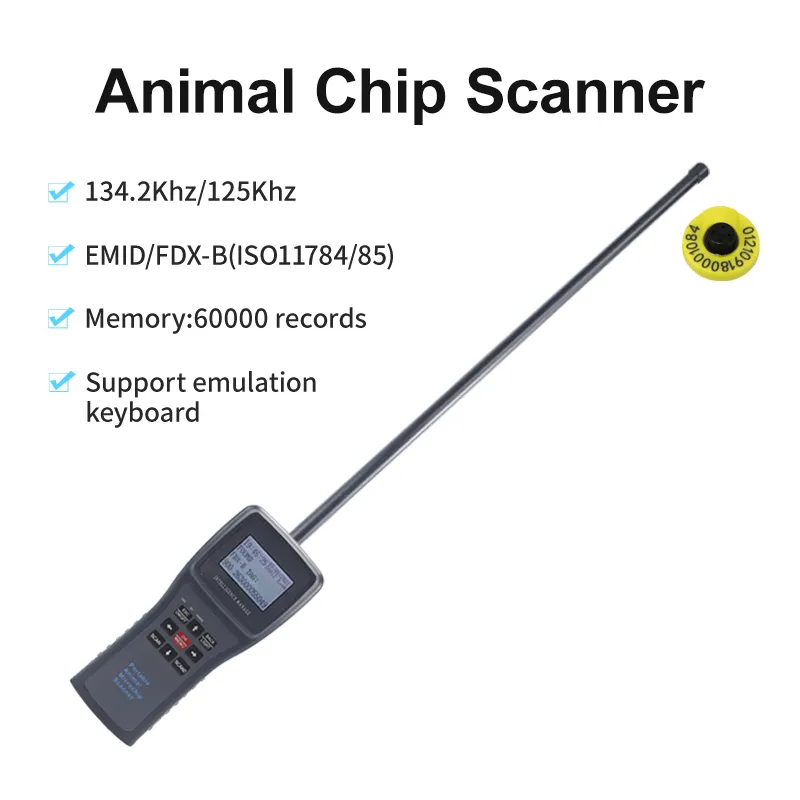 134.2kHz FDX-B Animales de orejas de animales Castreo Escáner Animal Microchip Reader para peces, ganado y oveja Seguimiento de ganado