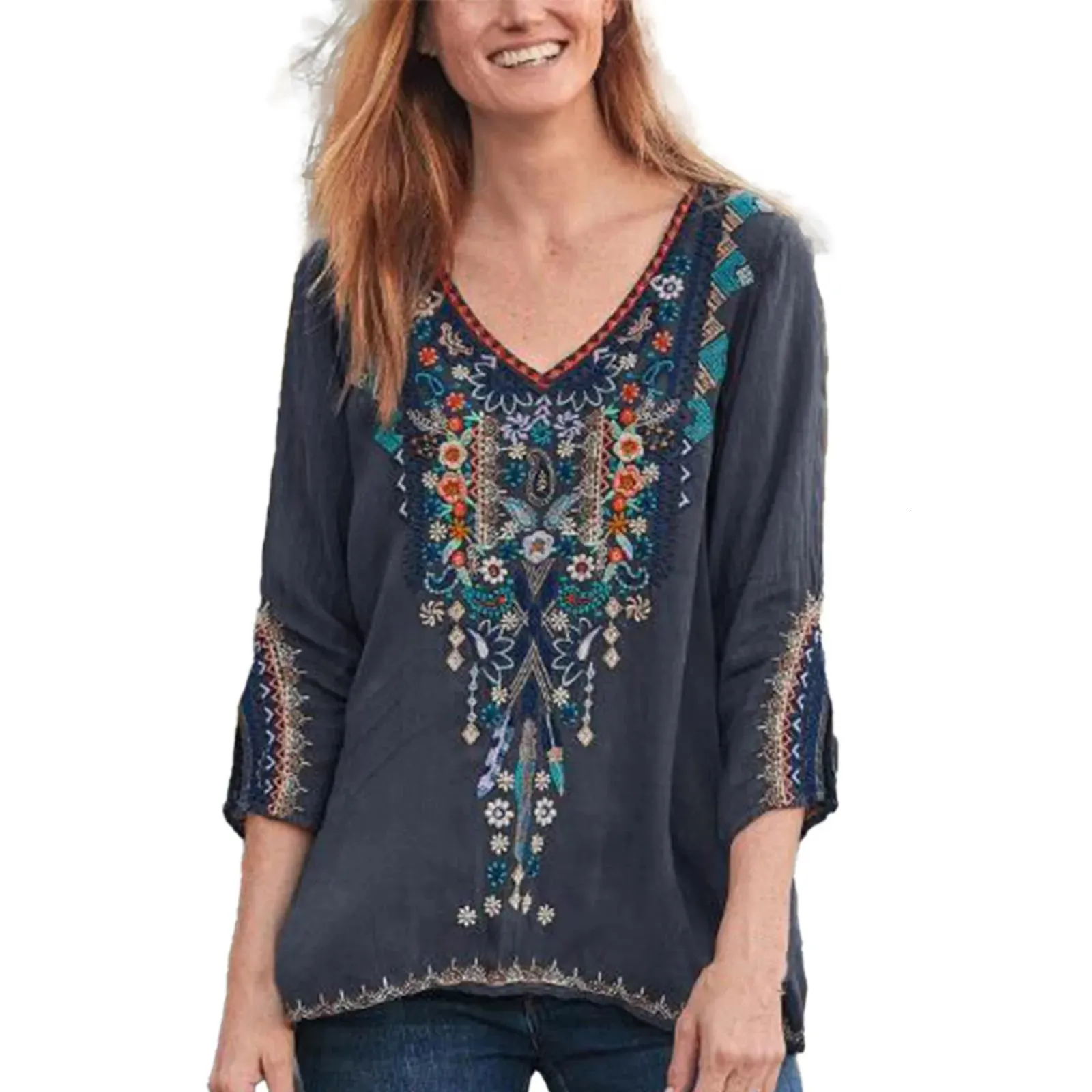 Boho Floral Embroidery Mexican Blouse Shirts Vintage Chic Autumn Women Ethnic Hippie Shirt Fashion Tops 240412