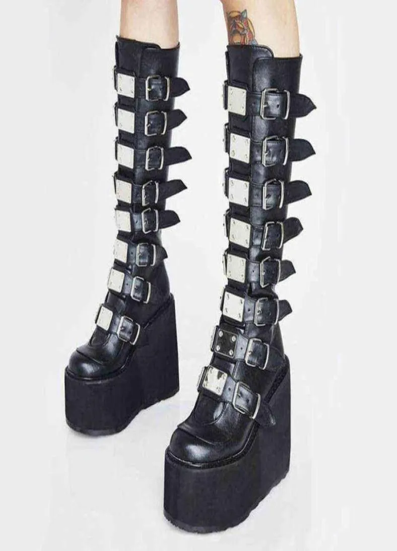 Punk Style Brand Ladies Motorcykelstövlar Black Fashion Wedge High Heel Shoes Autumn Winter Gothic Demonias Platforms Woman Boots Y6478583
