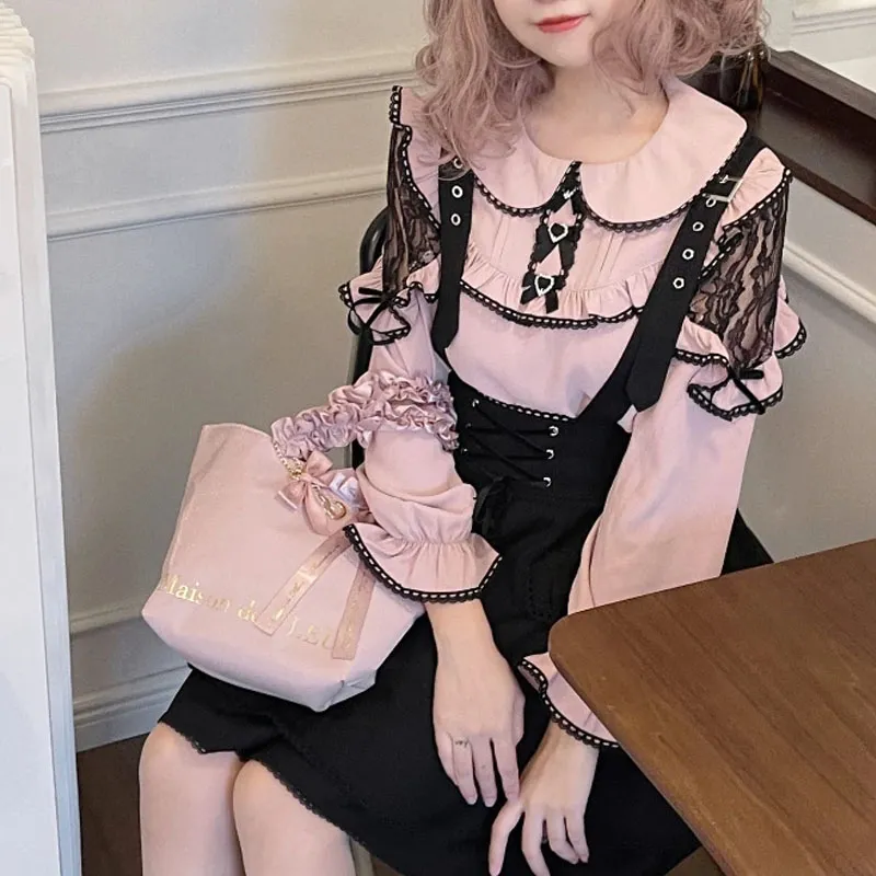 Kawaii Lolita Black Pink Y2K Aesthetic Japanese Women Gothic Lace