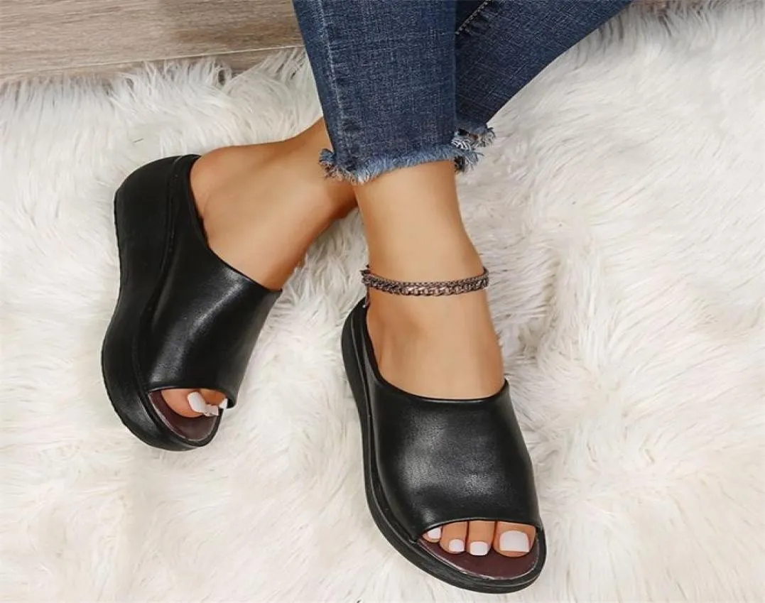 Ladies Leather Sole Slippers Women Sexy High Heel Mules s Black Peep Toe Platform Emal Slip on Wedges Sandals Shoes 2206088599897