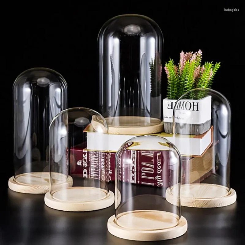 Dekorativa plattor Figur Glas Display Box Immortal Flower Cover Cloche Dome med fast träbaskontor Hembordsdekoration