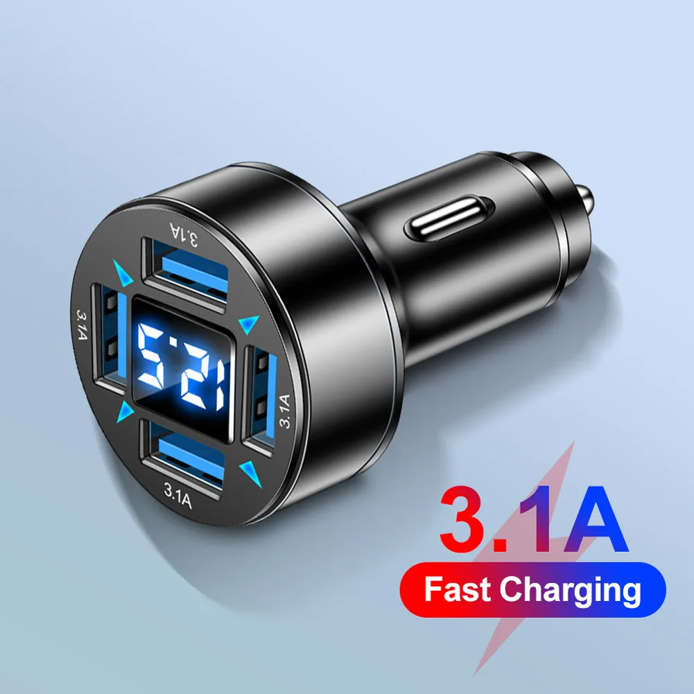 Adaptateur de voiture LED 12-24V Socker 66W Adaptateur de puissance de lumière bleue à 4 ports QC 3.0 Adaptateur de charge rapide USB PD Adaptateur