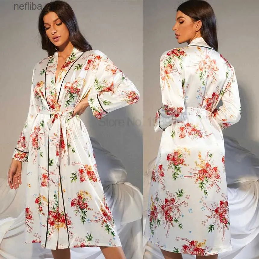 Sexy Pyjamas Kimono Robe Pajamas Suit Flower Gown Satin V-Neck Bathrobe Sling Pants Set Women Print Pyjamas Pour Femme y Home Clothes L410