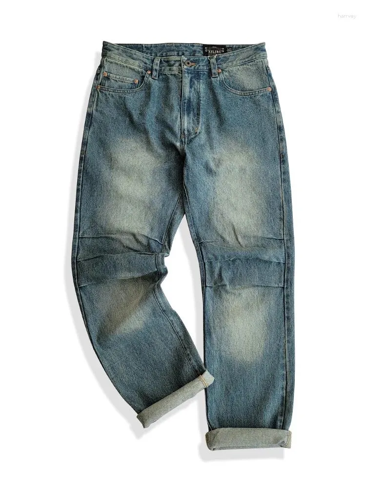 Herrbyxor amekaji stil retro tredimensionell snitt rak ben denim mitten av midjan avslappnad tvätt för att göra gammal vår och höst