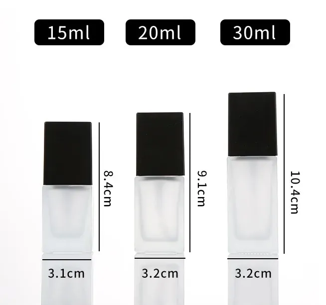 15ml 20ml 30ml Glass Frosted Lotion Bottle with Black Cap, Square Skincare Foundation Glass Bottles Refillable Bottle WB3202