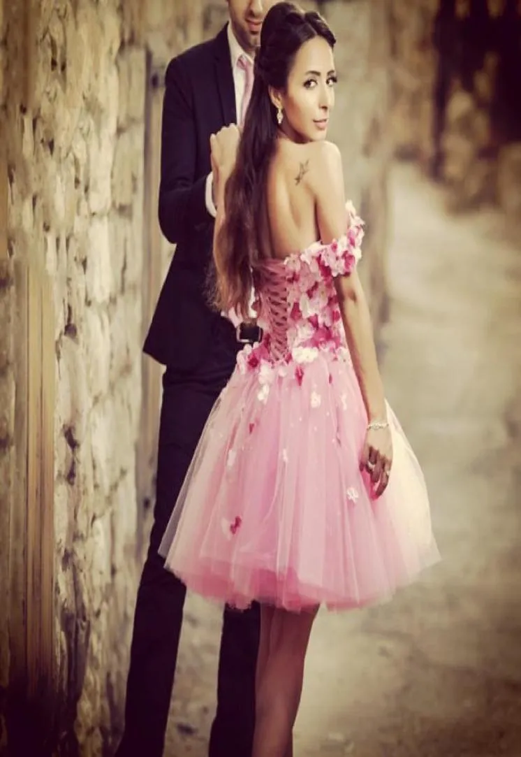 2019 Yeni Pembe Kokteyl Elbiseleri Genç Kısa Kollu Aplike El Yapımı Çiçekler Balo Koyu Tül Kısa Parti PROM GOWNS UCUR6058856