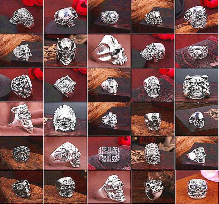 Top Gothic Punk Assorted Skull Sports Bikers Women039s Men039s Vintage Antique Silver Skeleton Jewelry Ring 50pcs Lots Whole5962727