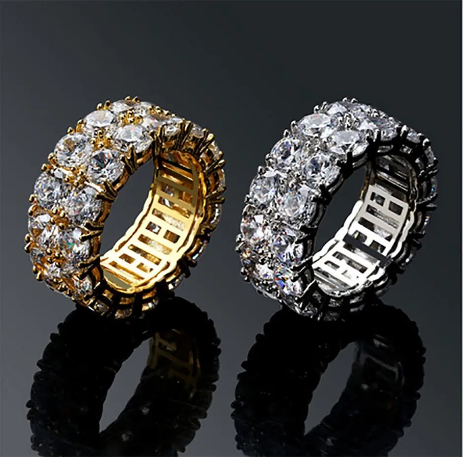 Iced 2 Row 360 Eternity Gold Bling Rings Micro Pave Cubic Zirconia 14K Gold Plated Simulated Diamonds Hip Hop Ring for Men Women5819839