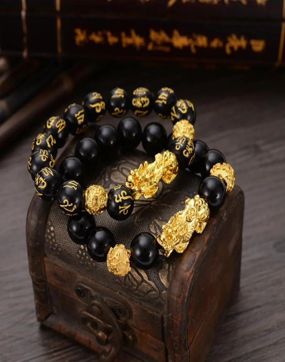 Bangle feng shui obsidian sten pärlor armband män kvinnor unisex armband guld svart pixiu rikedom och lycka kvinnor armband 14184999
