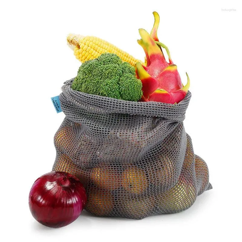 Sacs de rangement réutilisables en mailles de coton à légumes fruits alimentaires de cuisine lavable Sac de grille éco-chaîne Organisateur à trading poche