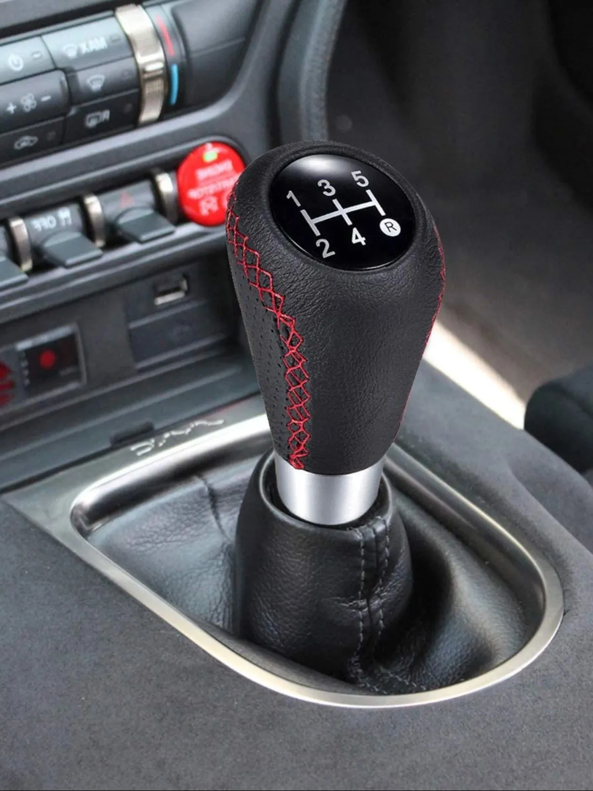 Car Manual Gear Shift Knob Black Leather Red Stitch 5 Speed Universal ...
