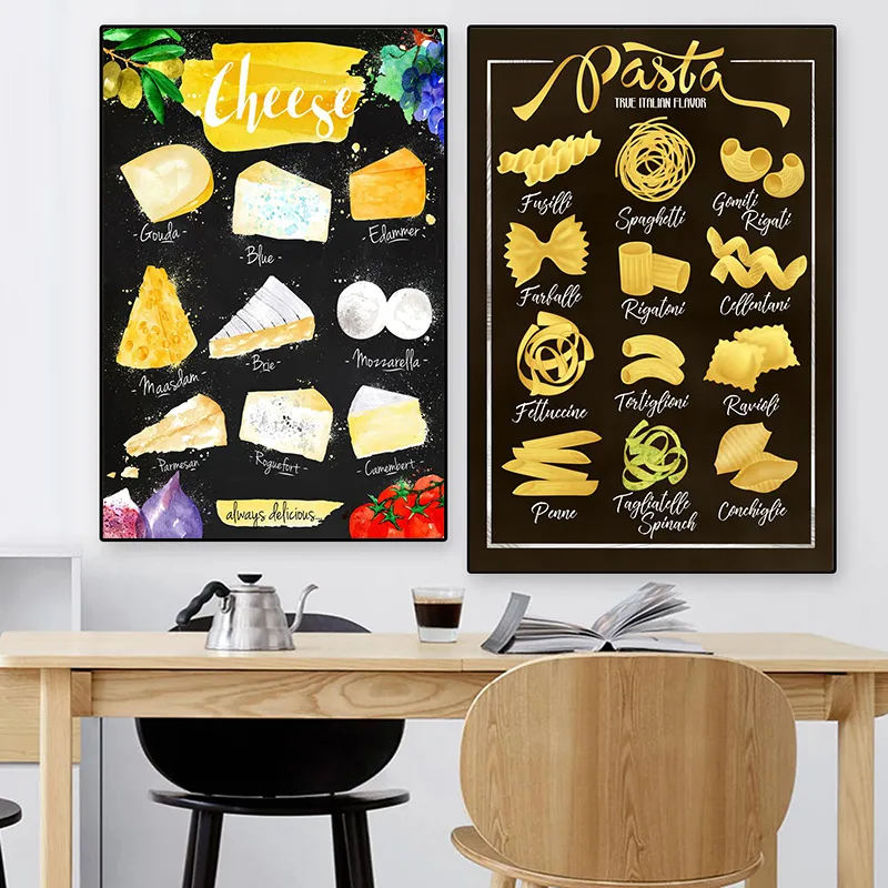 Vintage italiensk smak pasta sushi typer ost vin diagram affisch canvas målning kök väggkonst för matsal heminredning