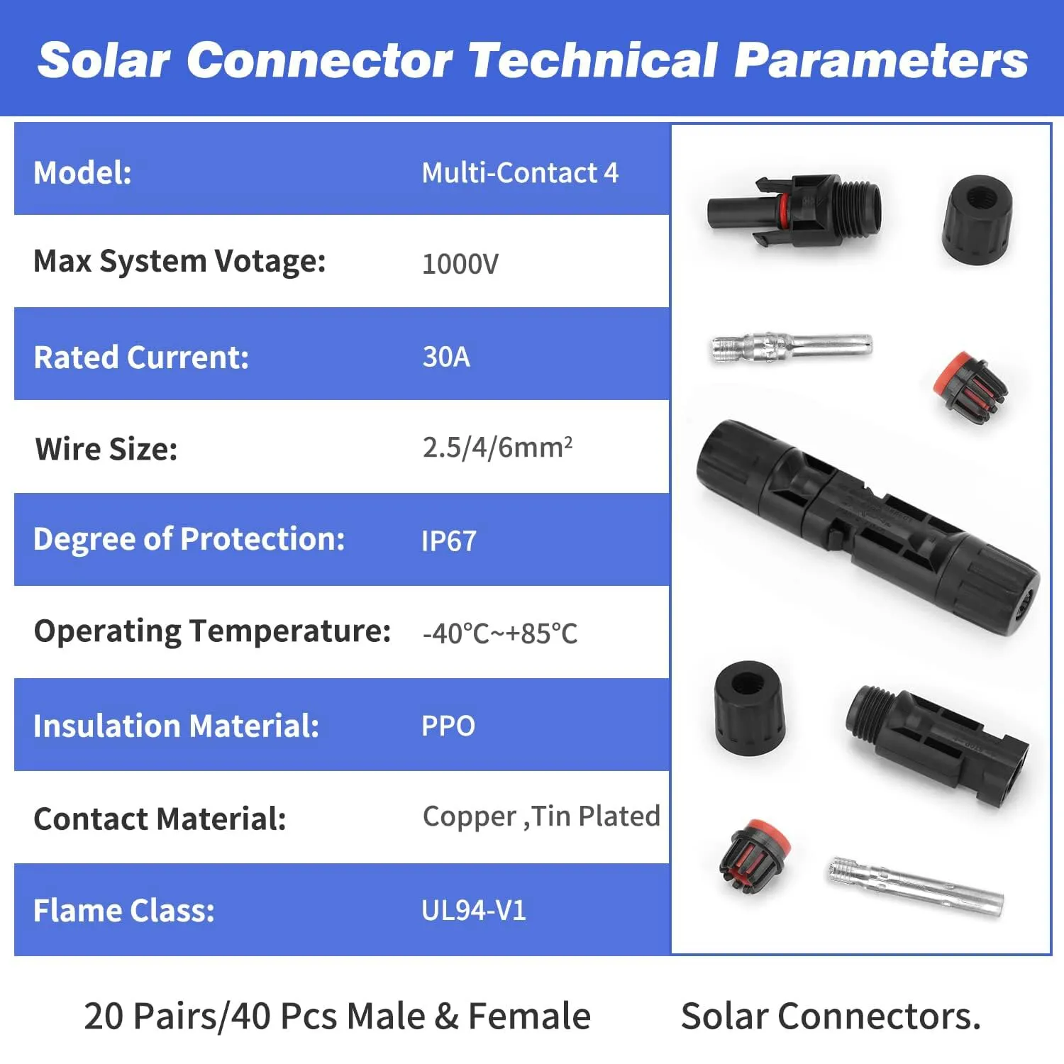 Connecteur solaire de 40pcs / 20 paies avec des cotons de 3pcs IP67 Connecteurs de câbles solaires imperméables mâles / femelles (10AWG)