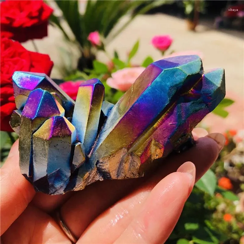 Decorative Figurines Natural Quartz Rainbow Titanium Cluster Healing Crystals Stone For Specimen Mineral Decor Gift